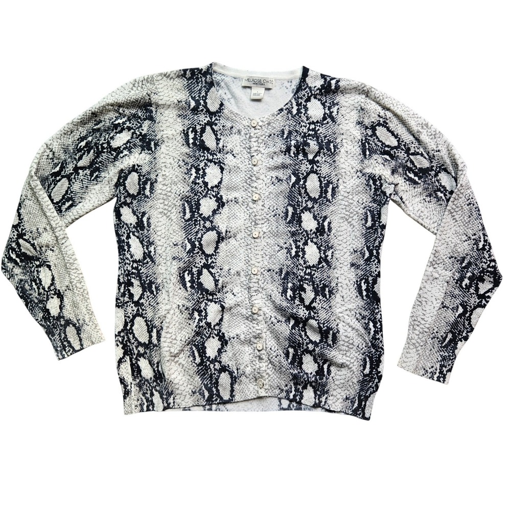 Melrose Chic Womens Snakeskin Print Button Front Cardigan Sweater L Gray Black